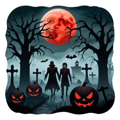 Icon for Horror Movies: A chilling collage with a monstrous werewolf or vampire, dark silhouettes, eerie graveyards, and creepy elements like spiders and tombstones. Ghostly fog surrounds, with a blood-red moon in the sky. The atmosphere is unsettling, eerie, and haunting. Transparent background. sticker