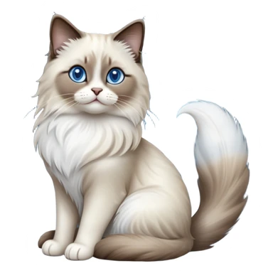 Cinematic-Seal-Ragdoll-Cat-Realistic-Full-Body-Sitting-Emoji – Tail curled playfully around its paws, head tilted dramatically, fluffy brown-and-white fur with darker seal points, simplified yet realistic focused features, highly detailed, glowing with an almost sarcastic glow, piercing blue eyes radiating elegance and charm. sticker