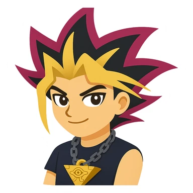 Create an emoji style version of Yugi from Yu-Gi-Oh inspired by the reference image. Expression should be determined with tricolor hair blowing in the wind and Millennium Puzzle necklace. The style should resemble apple style emojis with concise details. sticker