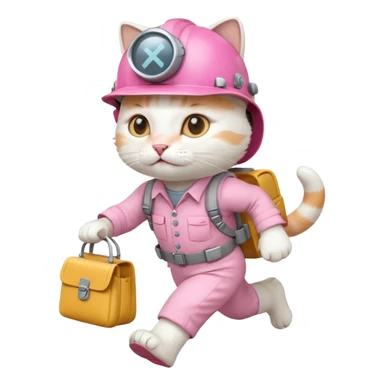 A cute white and pink cat dressed as engineer with a  a white helmet running fast carrying her cute  bag sticker