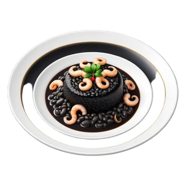 cinematic-realistic-black-risotto-dish-emoji,-showcasing-small squid pieces in black sauce -rendered-with-bold-textures-and-dynamic,-dramatic-lighting in a white plate sticker