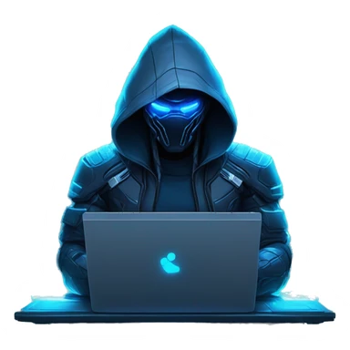 Hacker behind his laptop with this style : crysis Cyberpunk Valorant neon glowing bright blue character blue black hooded assassin themed character sticker