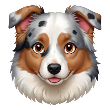 Cinematic Cute Calico Australian Shepherd Portrait Emoji, Head tilted playfully and inquisitively, predominantly white coat with patches of black, tan, and red calico merle markings, round, sparkling blue eyes filled with curiosity, Simplified yet irresistibly adorable features, highly detailed, glowing with a warm, friendly glow, high shine, affectionate and lively, stylized with a touch of whimsy, bright and endearing, soft glowing outline, capturing the essence of a mischievous yet loving pup, so playful it feels like it could bound out of the screen and into your arms! sticker