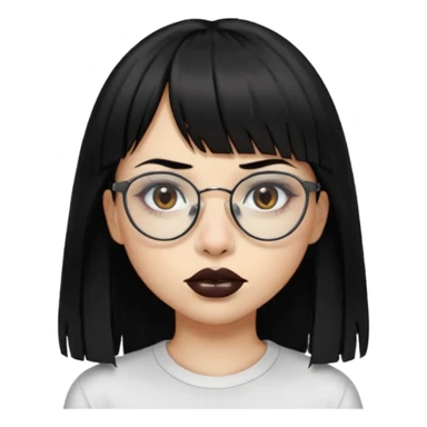 uma mulher snapchat icon, cor da pele normal, cabelo preto liso solto grande com franja vegana, curta, óculos pretos, com piercing na boca e nariz, olhos castanhos, camisa branca, a tela de fundo branca, coloque um piercing, um metal na boca e no nariz, cicatriz na sobrancelha, cor da boca preto,  sticker