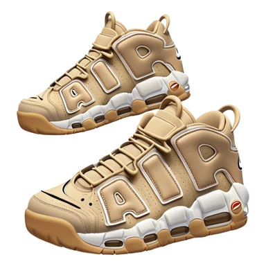 A pair of beige Nike Air More Uptempo sneakers in iOS emoji style, with left and right shoes positioned with one slightly behind the other, featuring minimalist design with the iconic AIR lettering on sides sticker