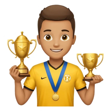 happy soccer player with a first-place medal and a trophy in yellow t-shirts sticker
