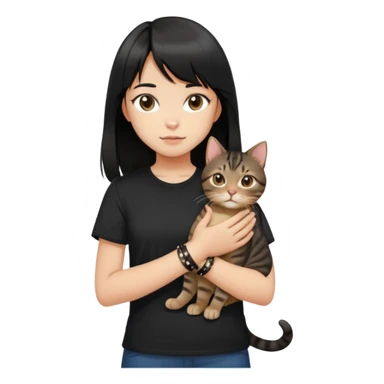 A girl with black long hair and middle-parted bangs, wearing a black short-sleeved shirt, a brown bracelet on her right wrist, white skin, holding a tabby cat, the cat is standing upright sticker