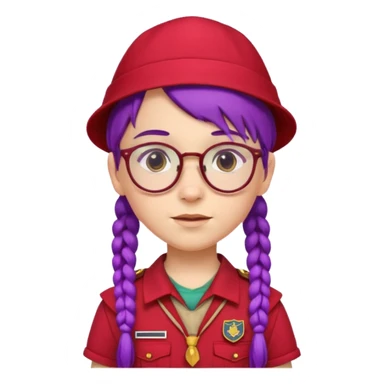 red uniform wearing scout kid with braids and glassess with hat purple haired sticker