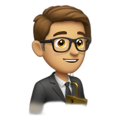 brown-short-haired classy man wearing glasses struggling to fit a key into a door-lock sticker