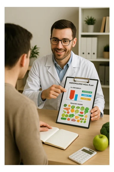 a nutritionist sits at a desk with a client, showing a personalized meal plan and a chart that clearly displays the client’s specific daily caloric deficit. The nutritionist points to the chart, which includes recommended calories, macronutrient breakdown, and healthy food options. The mood is professional, supportive, and educational. in italiano sticker
