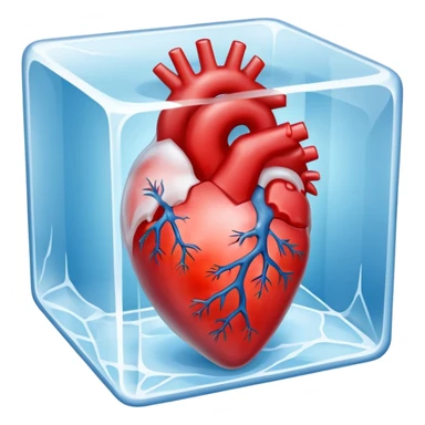An artistic depiction of a human heart frozen in time, encased in a crystal-clear ice cube, symbolizing emotional coldness and isolation, cinematic lighting, high detail sticker