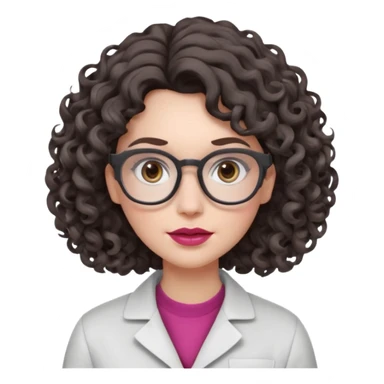 A crazy female scientist, with curly-wavy dark brown medium lenght hair, brown eyes and light grey glasses and pale skin and pinkish lips, dressed to look like an english teacher but in neutral tones like grey black white, maybe with the pop of dark red, with no girly colors,  sticker