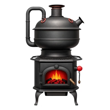 Vintage pot-belly coal stove from early 1900s with chimney pipe, rustic black iron with red glowing coals inside sticker