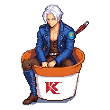 Vergil from Devil May Cry sitting in a KFC bucket, blue coat, white hair, katana sticker