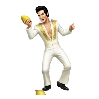 A smiling Elvis Presley wearing a white and gold jumpsuit with black shoes in a dancing pose, A hand holding a large durian sticker