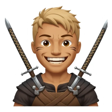 Haz que tenga una sonrisa epica una cicatriz en el ojo serrado y una espada entre los dientes y dos más a cada lado. sticker