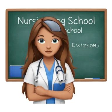 inside a classroom at university that says nursing school on the board with a pretty female nursing student with long brown hair, blue eyes sticker