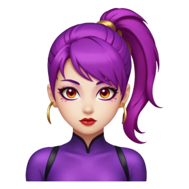 fierce K-pop warrior girl emoji face with sleek violet hair in a high ponytail, glowing red almond-shaped eyes, bold eyeliner, calm but intense expression sticker