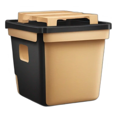 Black cubic plastic container with wood shavings inside, and a white tube with three branches at the top  sticker