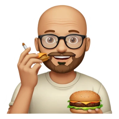 Happy bald man with beard and glasses eating a burger and smoking weed sticker