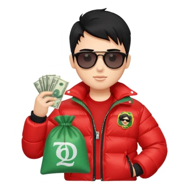 a pretty bratz boy with black hair, holding a bag of money, sunglasses on, red puffer jacket sticker
