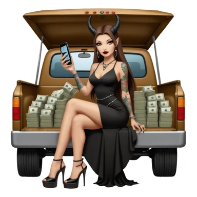 Sensual queen long brown straight haired mafia woman with black shiny platform high heels on her feet,  and black devil horns on her head, tattoos on arms , holding a stack of cash, has a phone in other hand. Sitting on a large big new model F350 pickup truck  long black dress with sexy butt sticker