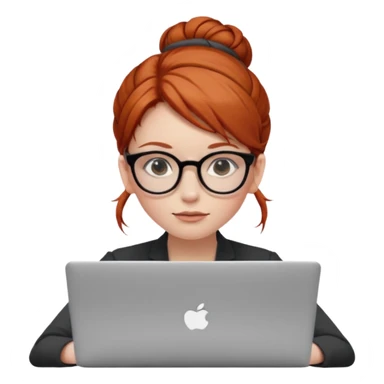 hair in a bun redhead female with glasses focused on a laptop sticker
