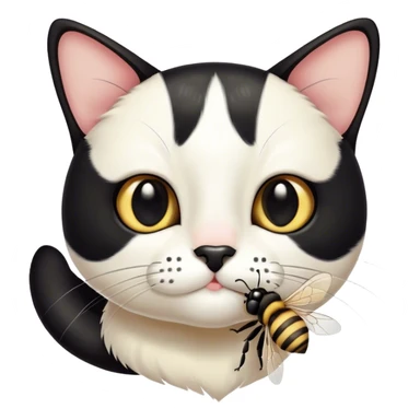 I would like to generate an emoji with a tuxedo cat that has a black spot on their noses and it catches a bee sticker