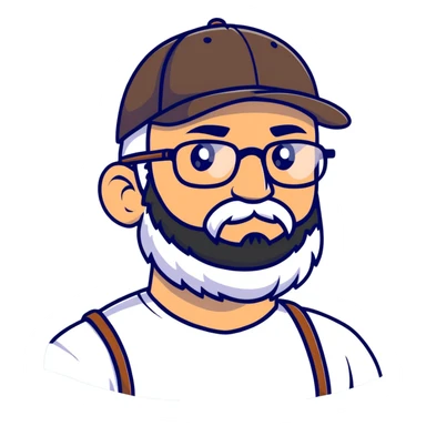 adventurer with beard, glasses and backwards baseball cap sticker