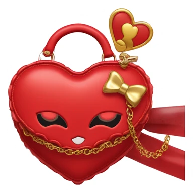 This is a heart-shaped handbag in glossy red material with a scalloped edge. It features a decorative bow and the text “Sleepy Kitty” embossed in gold. The bag is adorned with two small red heart-shaped accents attached to gold chains, forming the handle. sticker