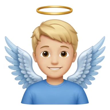 smiling boy in blue shirt with angel wings sticker