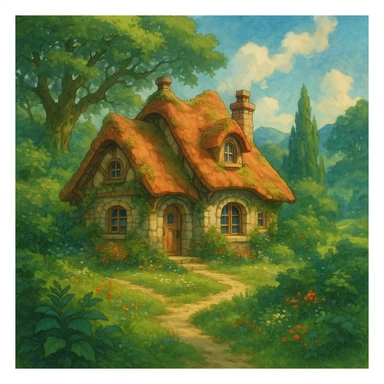 a cozy cottage in a magical landscape, ghibli style, detailed, enchanting, lush environment sticker