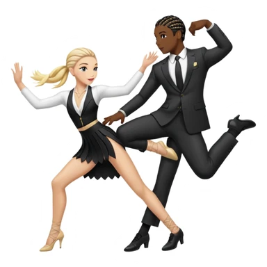 Black guy with black  cornrows in a suit with white girl with blonde hair and a fancy dress doing a split posing for a fashion show sticker
