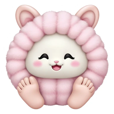 a fluffy toy with a light pink colored shell and ears and a white face and feet, with a cute black closed eyes and mouth sticker