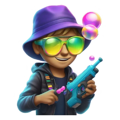 Caucasian boy in glowing rave gear with sunglasses and mask and hat and shooting a bubble gun sticker