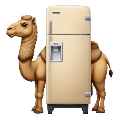 A white refrigerator with a camel head sticking out from the top and four camel legs with Timberland boots coming out from the bottom sticker