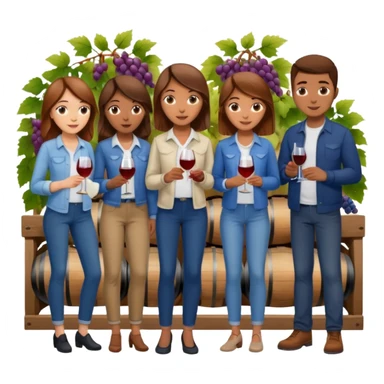 Make a photo of 5 project managers, specifically 3 girls with brown hair and 2 boys, that are making project for improvement of the winery sticker