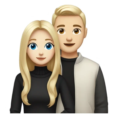 dark Blonde girl with blue eyes in black sweater and an east asian with light skin man with black hair and black eyes hugging sticker