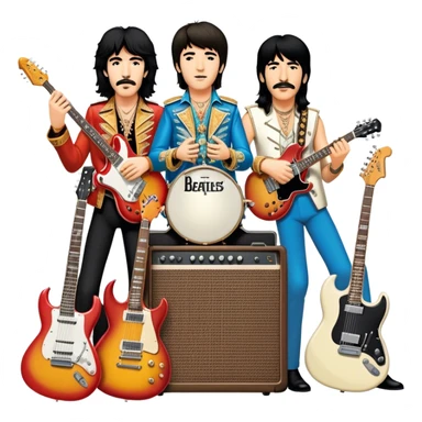 Rock music icon: dynamic collage of global rock legends like The Beatles, Jimi Hendrix, Elvis Presley, Led Zeppelin, Queen, and Nirvana, surrounded by guitars, amplifiers, and stage lights. Symbolizing the energy and power of rock music. Transparent background. sticker