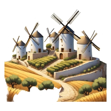 ​Cinematic Realistic Spanish Windmills (Mota del Cuervo), depicted as a cluster of gracefully aged windmills with weathered whitewashed facades and rustic wooden sails, standing proudly on a sunlit, rolling hillside of golden fields and olive groves, rendered with intricate textures and soft natural lighting that captures the timeless rural charm and historical significance of the Spanish landscape, sticker