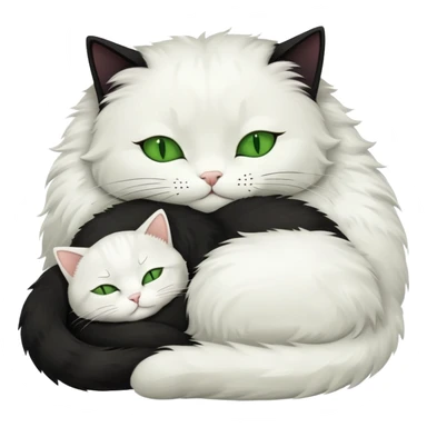 Big black cat with green eyes is sleeping with a small white cat sticker
