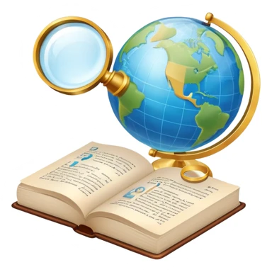 An icon featuring an open book, a speech bubble, and a magnifying glass, symbolizing philology and linguistics. The design includes language symbols, a globe, and alphabet letters, representing the study of languages and their structures. Transparent background  sticker