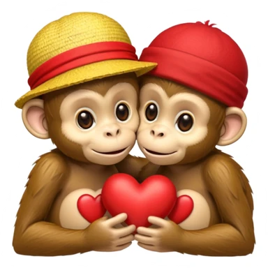 two cartoon monkeys hugging and kissing. The larger monkey is wearing a yellow straw hat like Luffy’s from One Piece. The smaller monkey is wearing a solid red headband. A small red heart floats between them to express affection. sticker
