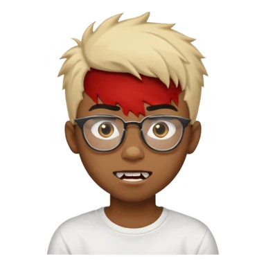 Black Male Teenager with Short punk messy blonde hair, Dark brown bushy eyebrows large expressive golden-brown eyes, wearing a plain white t-shirt, wearing glasses, Dark Brown skin color. vampire tooth sticker