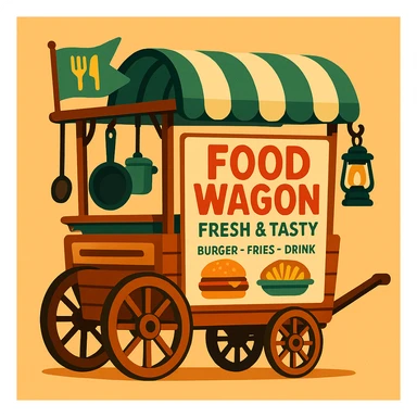 retro food wagon with wooden base, two big spoked wheels, pull handle, curved green and cream striped canopy, signboard saying 'Food Wagon' in red, 'Fresh & Tasty', listing 'Burger – Fries – Drink', burger and food plate drawings, frying pan and pot hanging from frame, black lantern dangling at rear, green flag with fork and knife icons at front, warm soft inviting look sticker