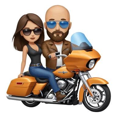 Harley Davidson road glide bearded bald blue eyes man  sunglasses  with brunette girl  pillion sticker