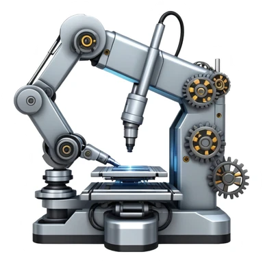 An icon featuring a giant robotic machine welding a large microchip with a laser, using two robotic arms. The design includes circuit boards, gears, and technical schematics, symbolizing advanced engineering and automation. Transparent background highlights the fusion of technology sticker