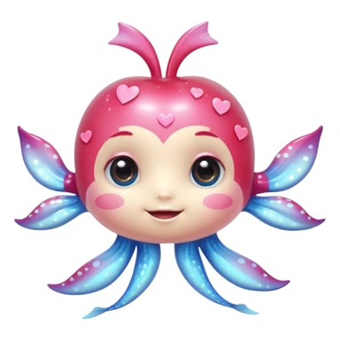 extremely cute detailed underwater creature with shiny plastic look, huge sparkling eyes with highlights, tiny body, friendly smile, rosy cheeks, fine textures, soft pastel colors with bright accents, small accessories like hearts or bows, detailed shading and highlights, apple style emoji sticker