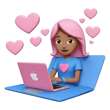 3D clay character relaxed with laptop and coffee, floating icons (envelope, heart, dollar), electric blue (#4A90D9) outfit, pink (#FF6B9D) floating icons, white laptop, Pixar style, transparent background sticker