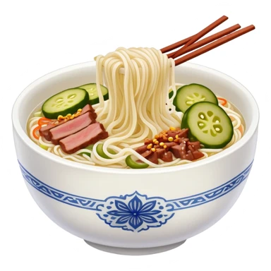 Guilin rice noodles with pickles and meat topping, simplified emoji style with bold outlines and bright colors, cartoon style rice noodle bowl sticker
